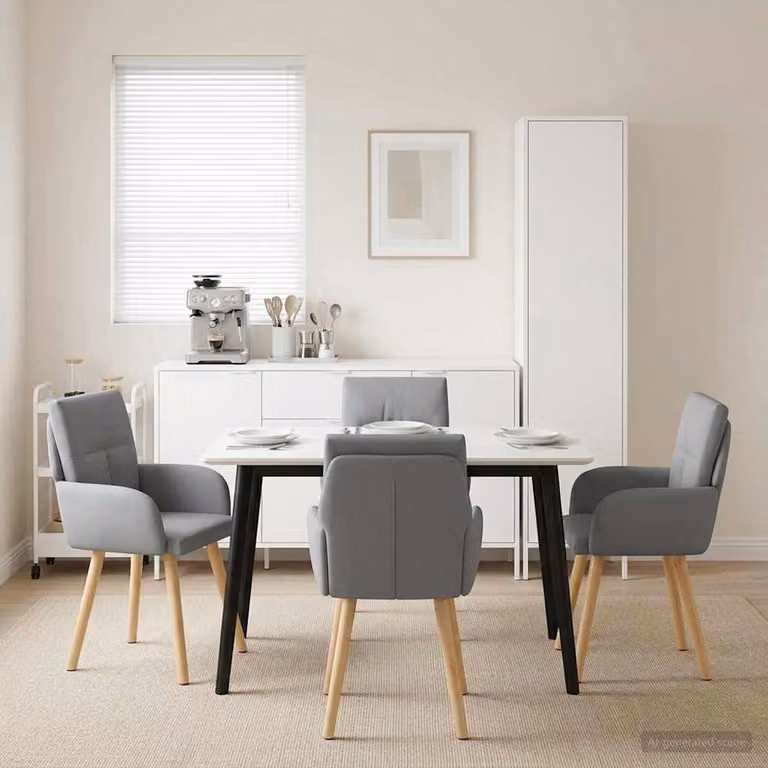 Set di 4 sedie da pranzo vidaXL in tessuto grigio chiaro con gambe in legno e metallo, L: 60 cm, P: 56 cm, H: 93 cm