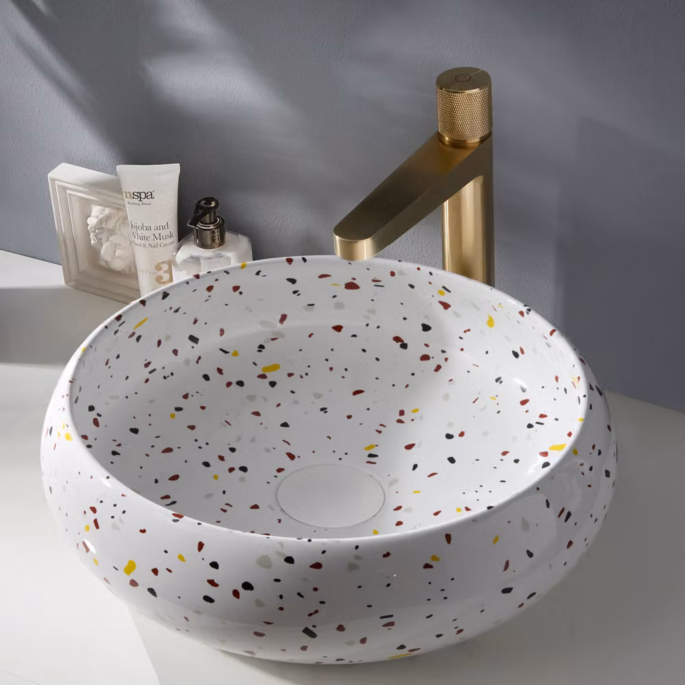 Lavabo da Appoggio Rotondo Effetto Terrazzo 360mm Senza Foro Rubinetto - Hudson Reed
