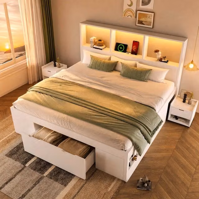 Letto 140x190 cm con LED, USB e 2 comodini mobili, struttura in legno massello, truciolare e MDF, colore bianco