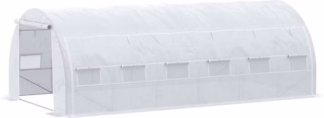 Serra da giardino Outsunny da 18 m², L: 6 m x P: 3 m x H: 2 m, con porta, pareti laterali zippate avvolgibili e 12 finestre, in acciaio e PE ad alta densità 140 g/m² anti-UV, colore bianco – 1