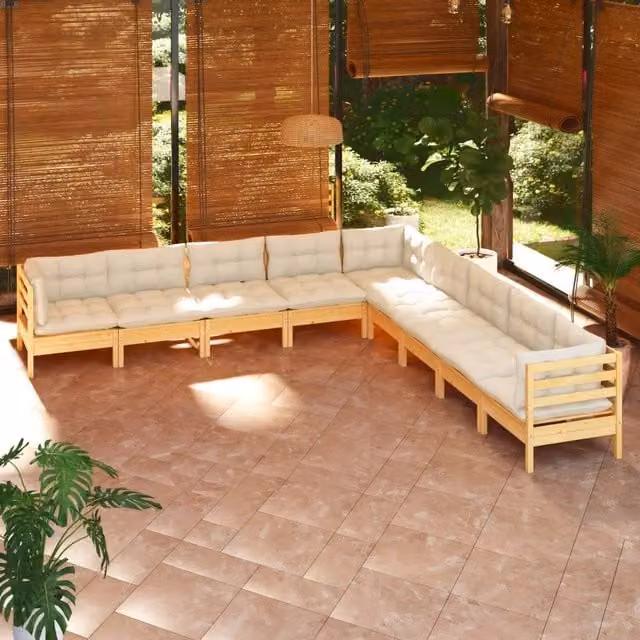Set di Divani da Giardino a L vidaXL in Legno di Pino con Cuscini Beige 9 Pezzi – 1