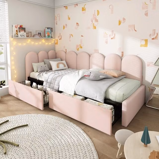 Letto imbottito 90x190 cm con cassetti portaoggetti; divano letto e letto diurno; molla a doghe; velluto; rosa
