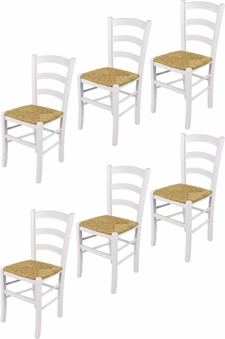 t m c s Tommychairs - Set di 6 sedie VENEZIA per cucina e sala da pranzo, struttura robusta in legno di faggio laccato nel colore bianco (opaco) e sedile in paglia