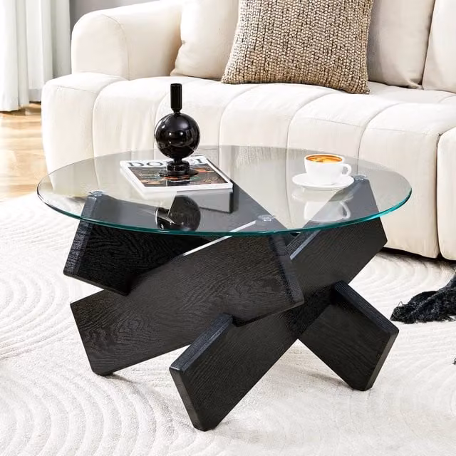 Tavolino rotondo multicolore opzionale in MDF e vetro: gambe di supporto con venature del legno nere, semplice ed elegante. Diametro 79 cm, superficie