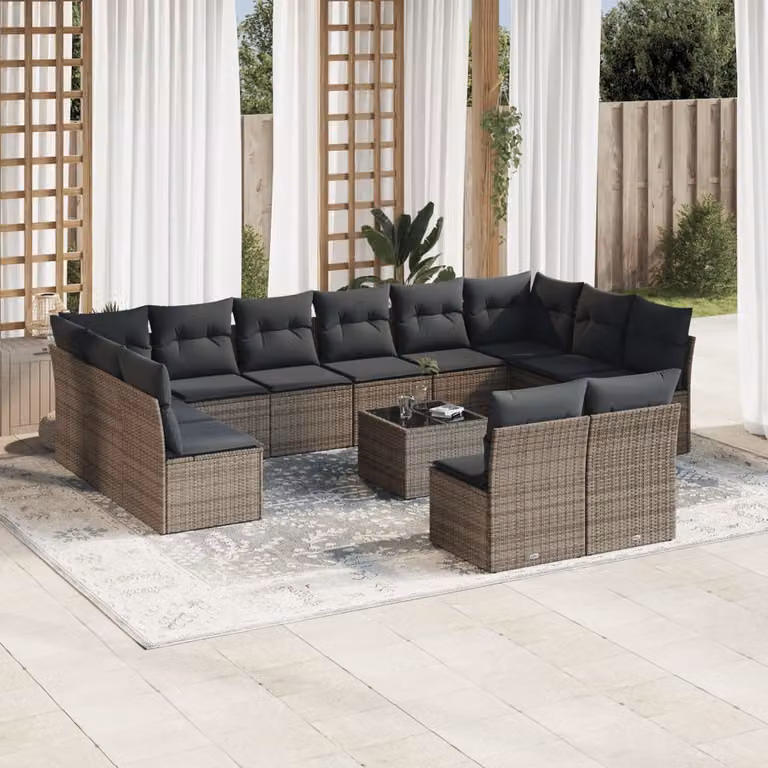 Set di divani da giardino vidaXL in polyrattan grigio con cuscini e tavolino da esterno, composizione a forma di U da 13 pezzi