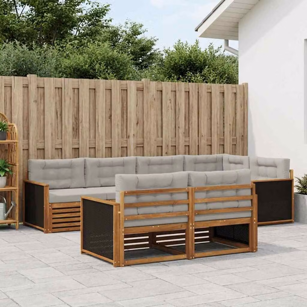 Set di divani da esterno vidaXL a forma di L composto da 7 pezzi in legno di acacia con cuscini in tessuto beige e grigio