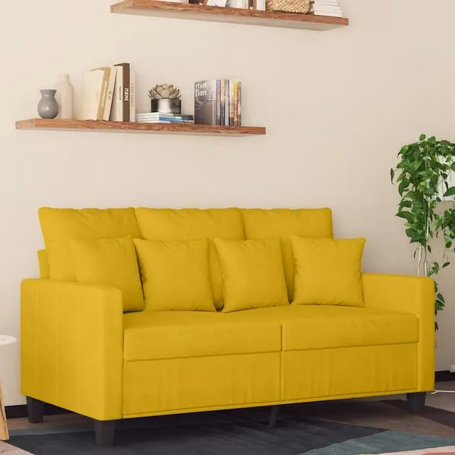 Divano a 2 posti moderno VIDAXL in velluto giallo con struttura in metallo e cuscini inclusi L: 138 cm, P: 77 cm, H: 80 cm – 1
