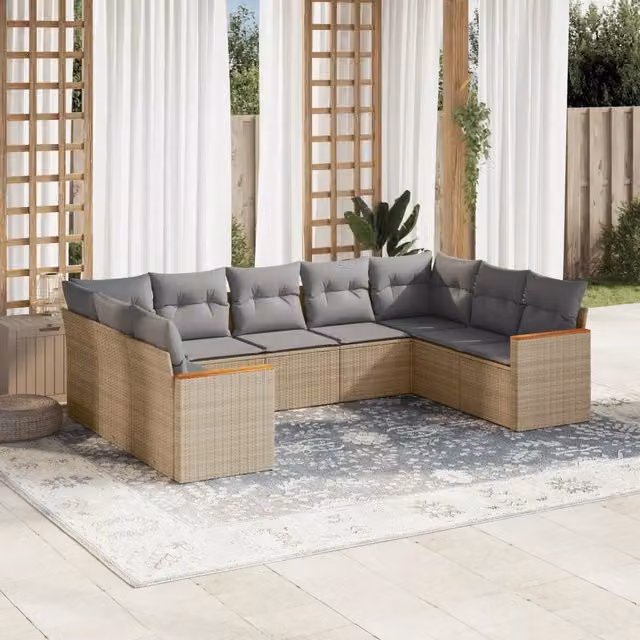 Set Divano da Giardino a L VIDAXL in Polyrattan Beige con 9 Cuscini Moderno – 1