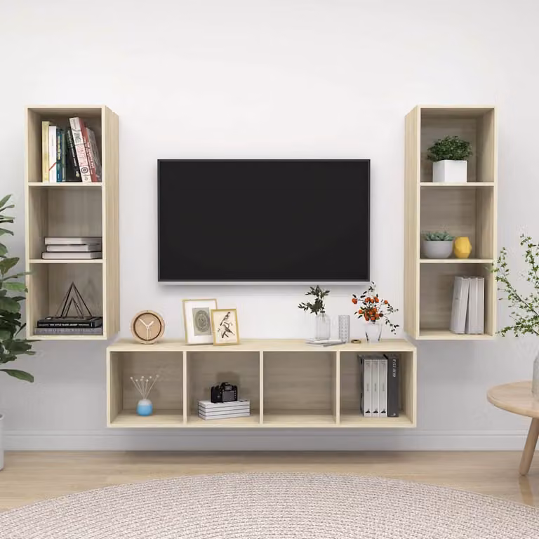 Set di mobili TV moderno vidaXL in legno color rovere marrone con vani porta media, da appendere a parete