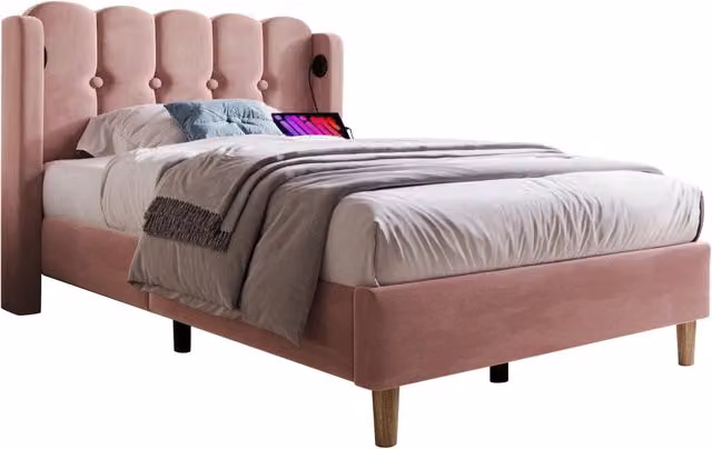 Letto singolo 90x200 in velluto rosa con USB Type-C， senza materasso