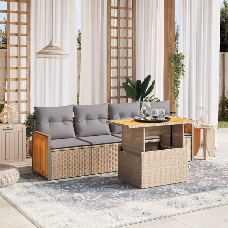 vidaXL Set Divano da Giardino 5 pz in Polyrattan con Cuscini Beige e Tavolino da Esterno