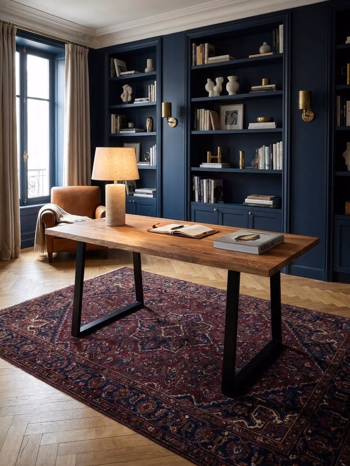 Scrivania 180x90x76 cm in legno massello di acacia / metallo, scrivania per computer con bordo naturale, scrivania da ufficio per l'home office in legno massello con gambe trapezoidali in nero, tavolo in legno per laptop, tavolo da studio