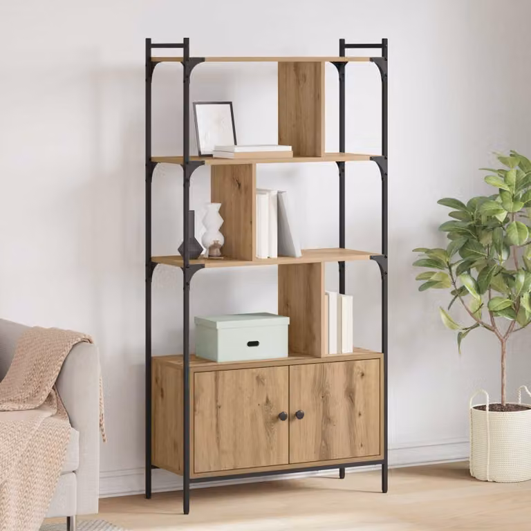Libreria moderna vidaXL in legno e metallo con ante e ripiani interni, L/P/H: 76,5 x 30 x 154,5 cm, nero e marrone