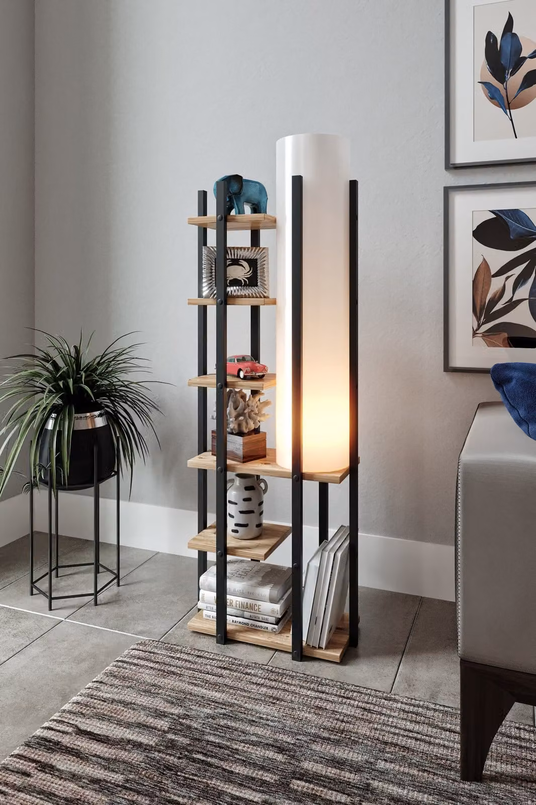 Opviq, lampada da terra di alta qualità, bianco e nero e naturale, altezza 135 cm | Corpo in pannello truciolare, profilo in MDF, attacco E27, max. 40 W | Design moderno e industriale con interruttore sul cavo.