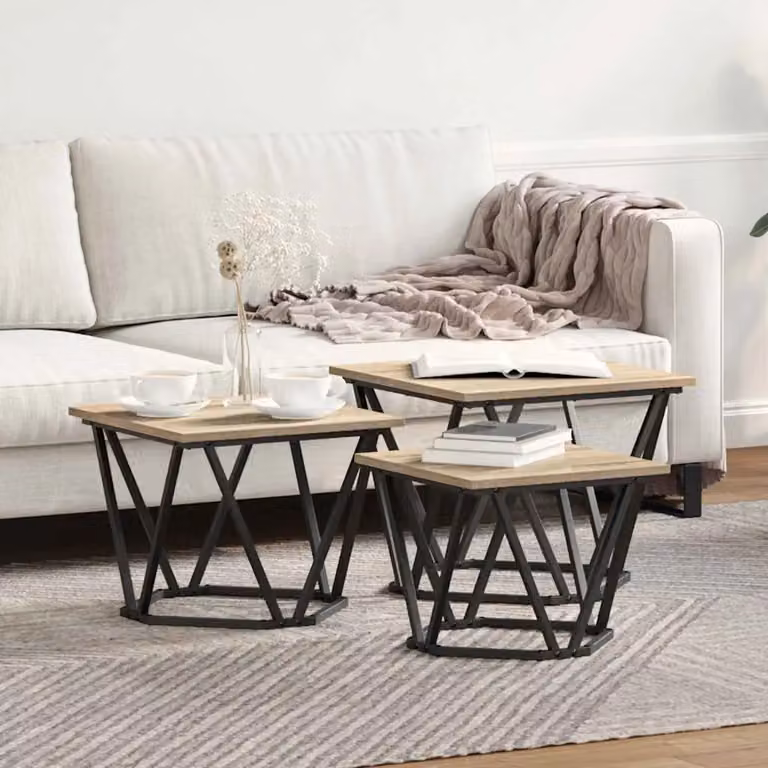 Set di 3 tavolini da salotto moderni vidaXL in rovere e metallo, colore marrone, L/P/H: 50 x 50 x 40 cm