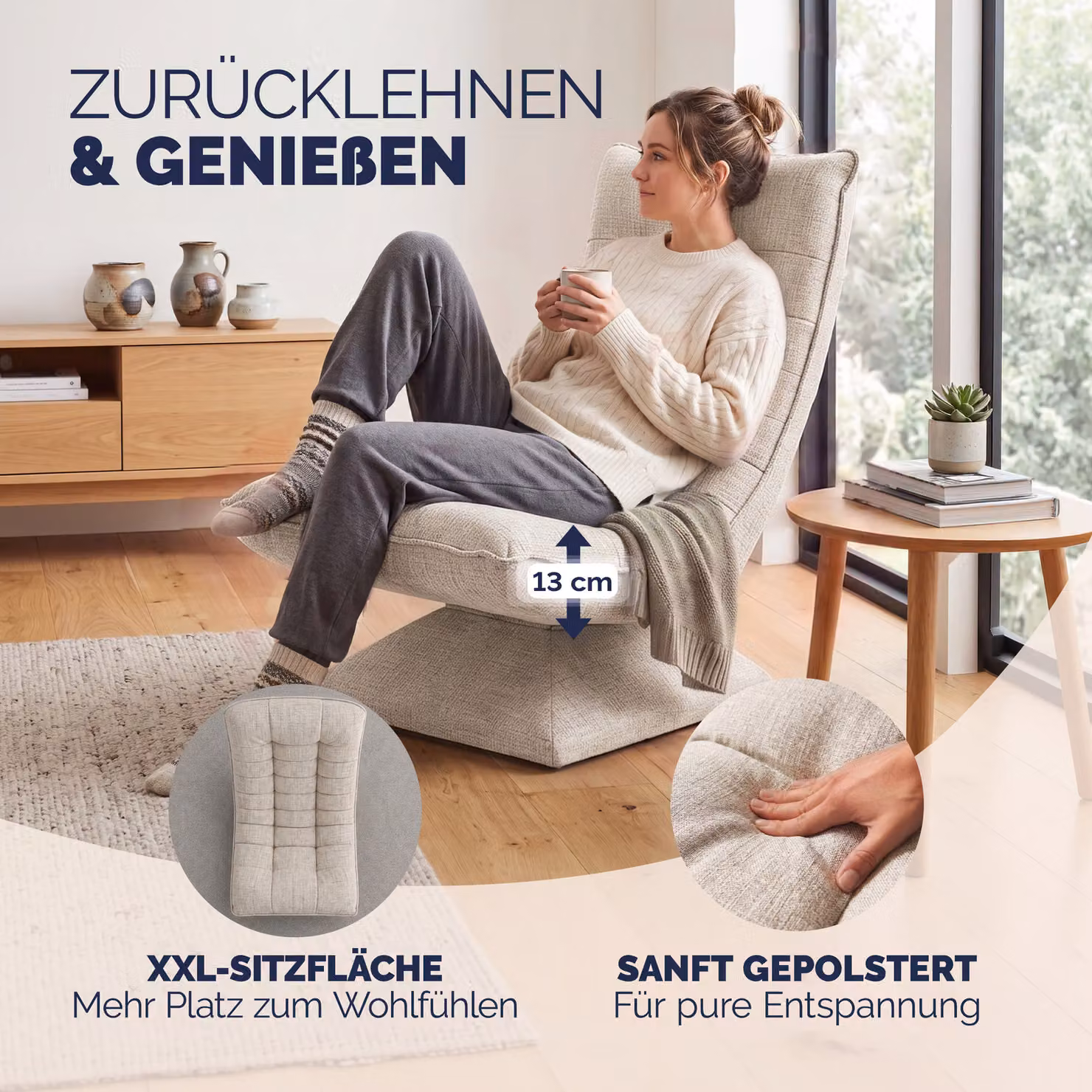 Sedia relax Aberdeen Casaria in tessuto beige con struttura in metallo e funzione girevole 360 gradi – 2
