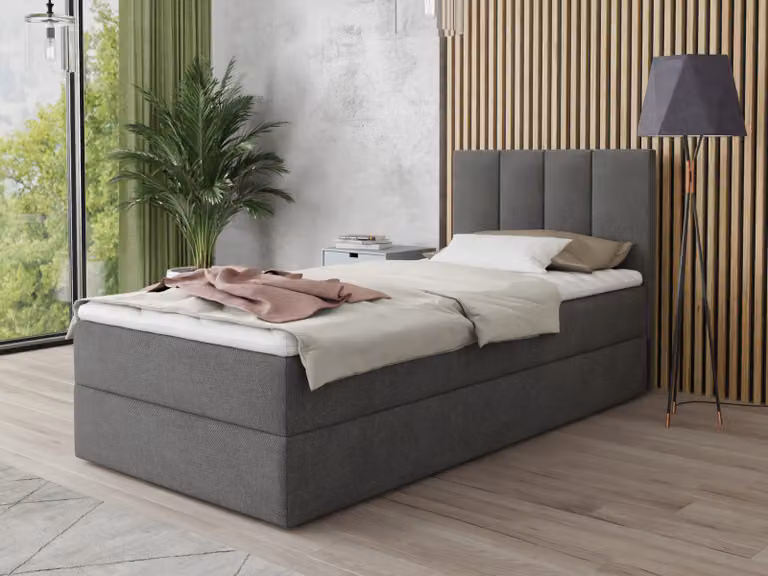 Letto boxspring Star Mini con contenitore, materasso Bonell e coprimaterasso - Letto singolo con coprimaterasso, letto imbottito, letto, camera da letto, camera dei ragazzi (grigio scuro (Kronos 22), 90 x 200 cm)