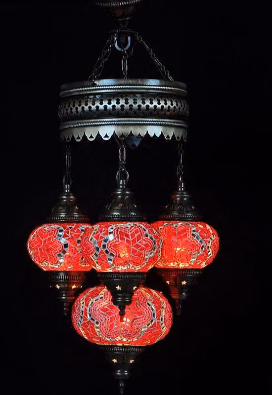 Lampada a sospensione turca a 4 luci in vetro mosaico rosso-arancio – Lampada da soffitto orientale con 4 sfere