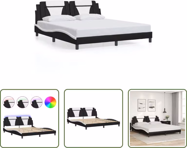 The Living Store Struttura letto con LED bianco e nero 180x200 cm in ecopelle