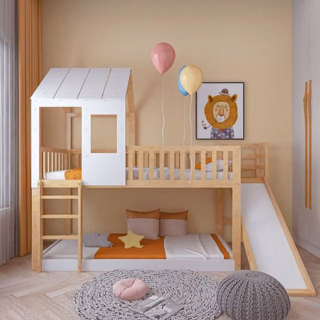 Letto a castello per bambini Aosom con struttura a casetta, scala e scivolo, legno massiccio naturale, L/P: 200 x 90 cm – 1