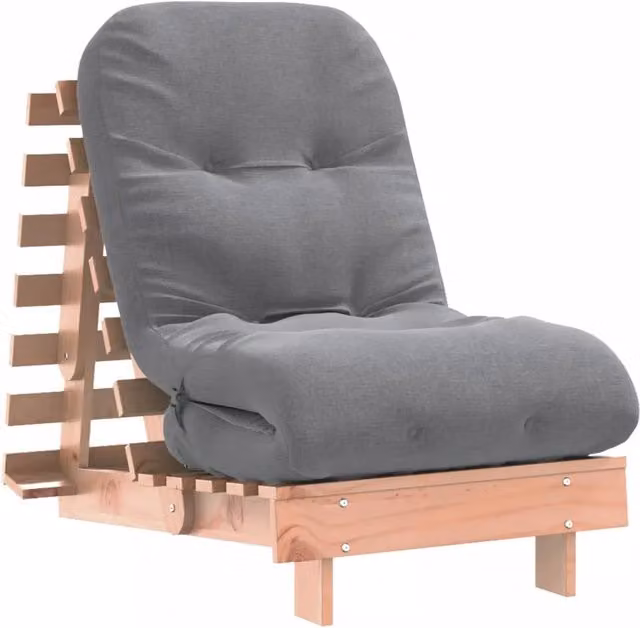 Divano letto singolo Futon in legno massello Douglas con materasso in schiuma, colore grigio, L/P/H: 206 x 60 x 11 cm