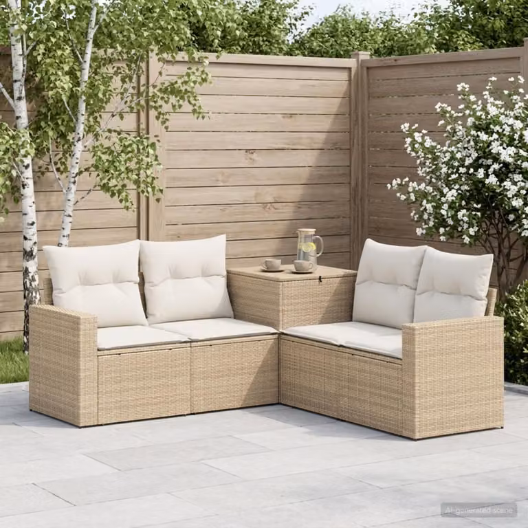 Set di divani da giardino vidaXL in polyrattan beige e bianco crema con cuscini inclusi e forme combinabili a L
