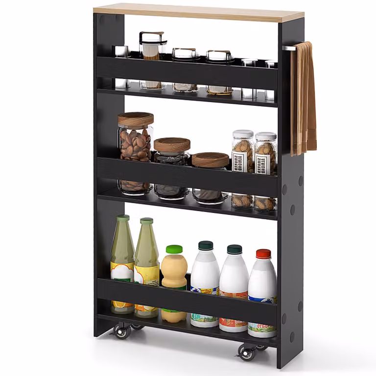 Carrello da nicchia COSTWAY largo 13 cm, carrello da cucina stretto a 4 ripiani, scaffale da nicchia su ruote, carrello di servizio, scaffale da bagno in legno, 47,5x13x80,5 cm, nero+naturale