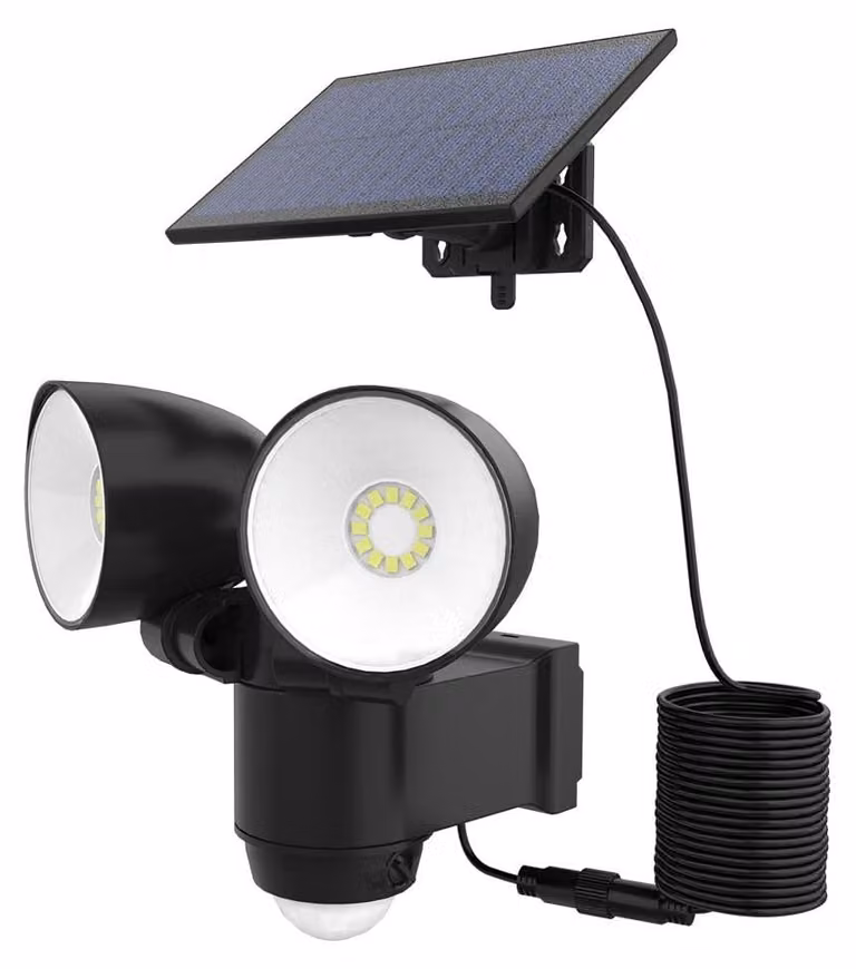 Lampada solare con 2 luci orientabili, sensore di movimento, 1000 lumen, colore nero