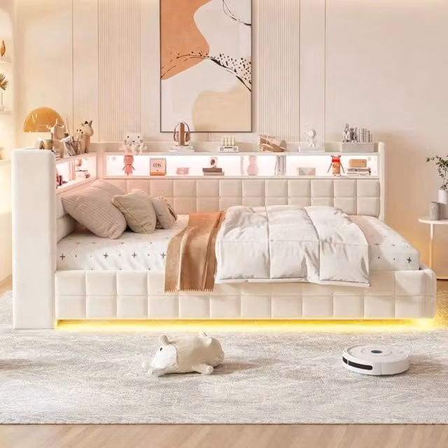 Letto divano 140x200 cm con contenitore con contenitore idraulico; LED; USB; velluto; beige