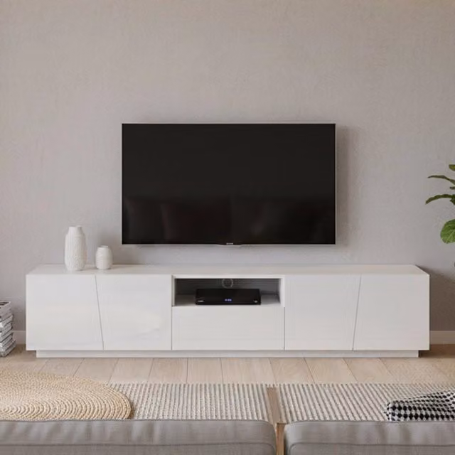 Credenza da soggiorno DMORA Azzurras con 4 ante e 1 cassetto, Bianco lucido, L: 220 cm, H: 43 cm, P: 46 cm – 1