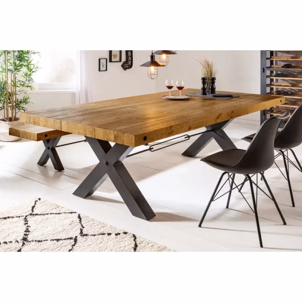 Tavolo da pranzo CAVARA Meublorama in legno di pino e metallo nero, stile industriale, L: 200 cm, P: 120 cm, H: 76 cm – 2