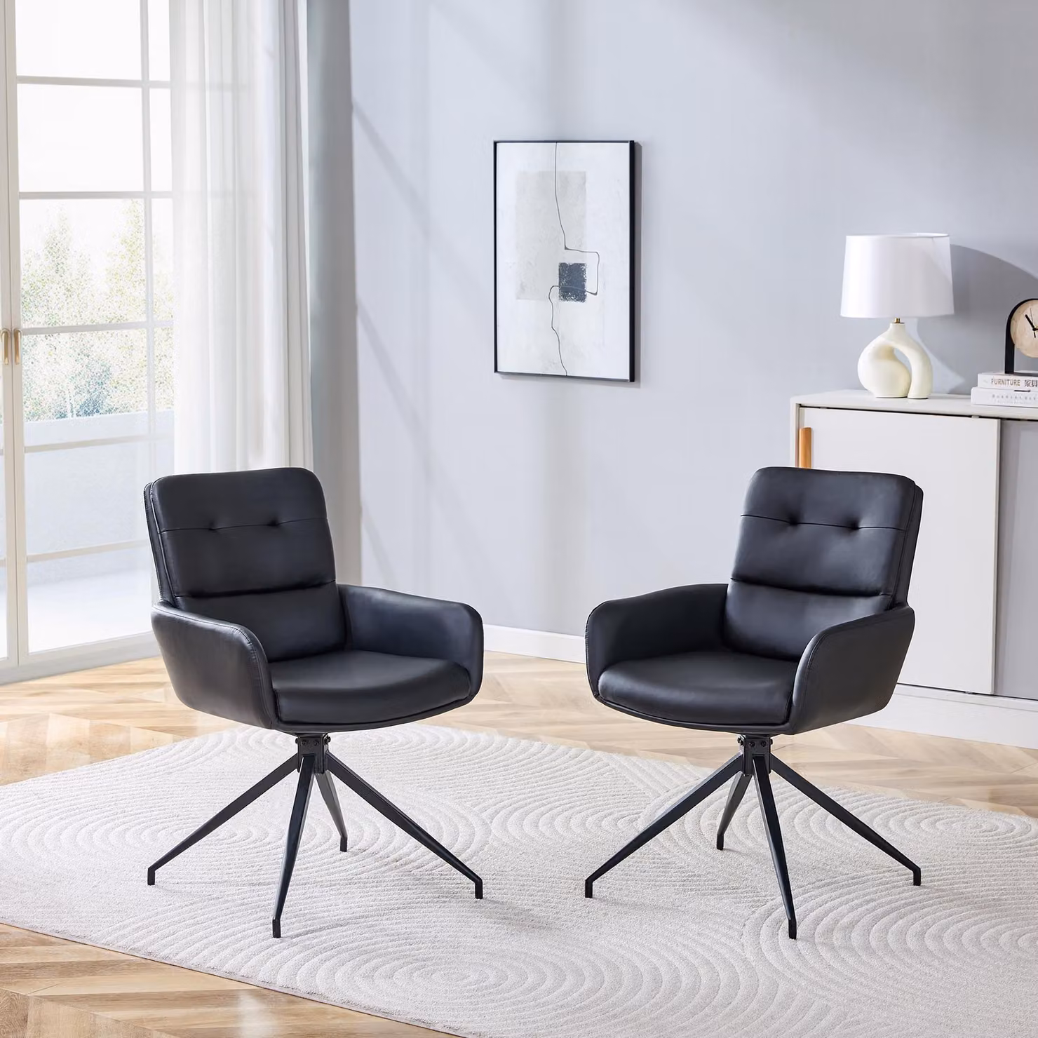 Set di due sedie girevoli, rivestite in PU, con gambe in metallo, girevoli a 360°, stile leggermente lussuoso (colore: nero)