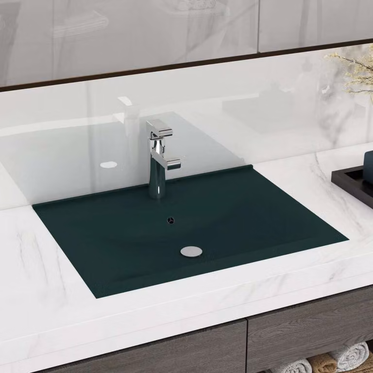 The Living Store Lavabo con foro per rubinetto verde scuro opaco 60x46 cm in Vetroceramica