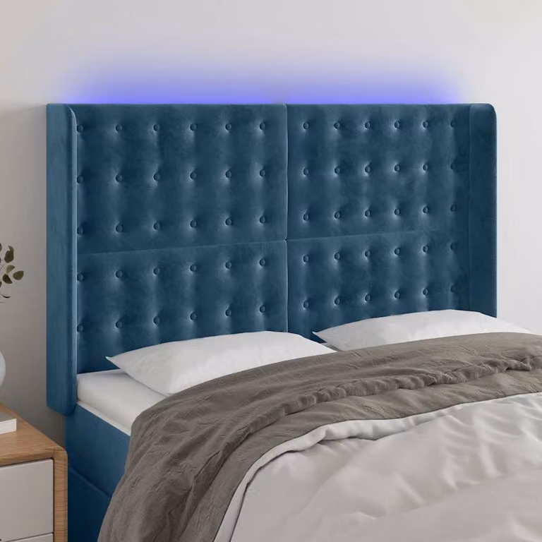 Testiera per letto vidaXL in velluto blu con illuminazione LED e porta di ricarica USB, L: 147 cm, P: 16 cm, H: 118-128 cm