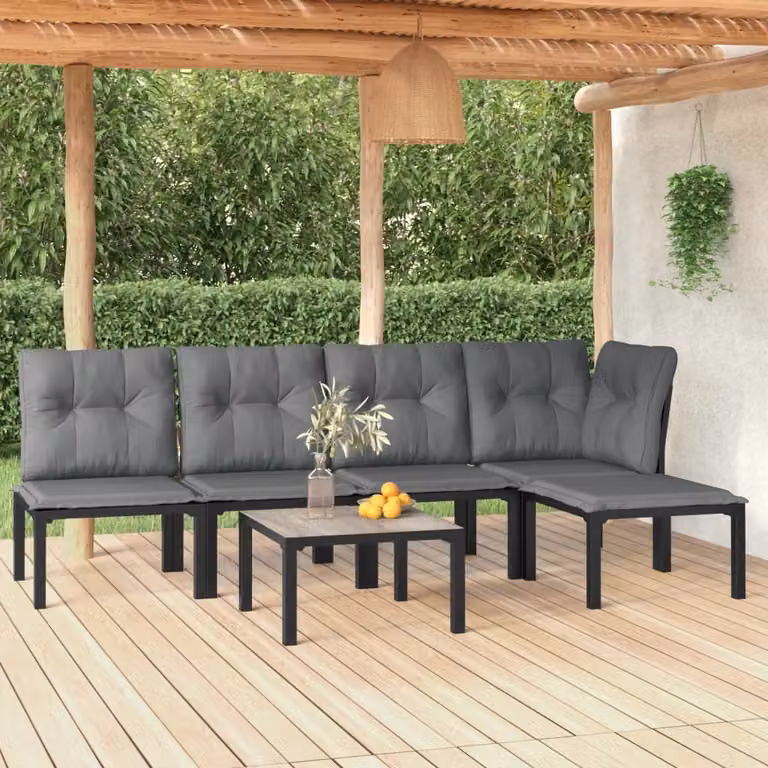 The Living Store Set da 6 pezzi per salotto da giardino in poly rattan nero e grigio