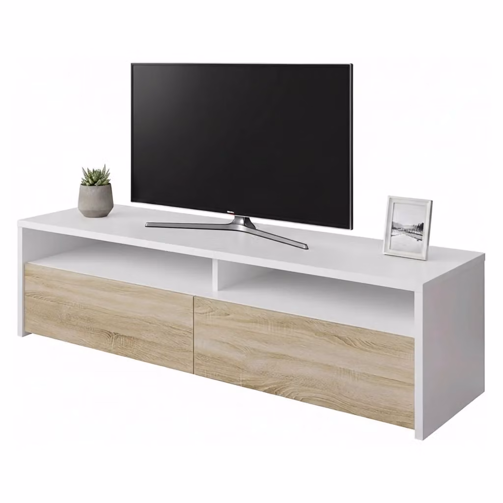 Mobile porta TV Ahuri DMORA, Credenza moderna per soggiorno con 2 ante, Bianco lucido, L: 130 cm, P: 40 cm, H: 36 cm – 2
