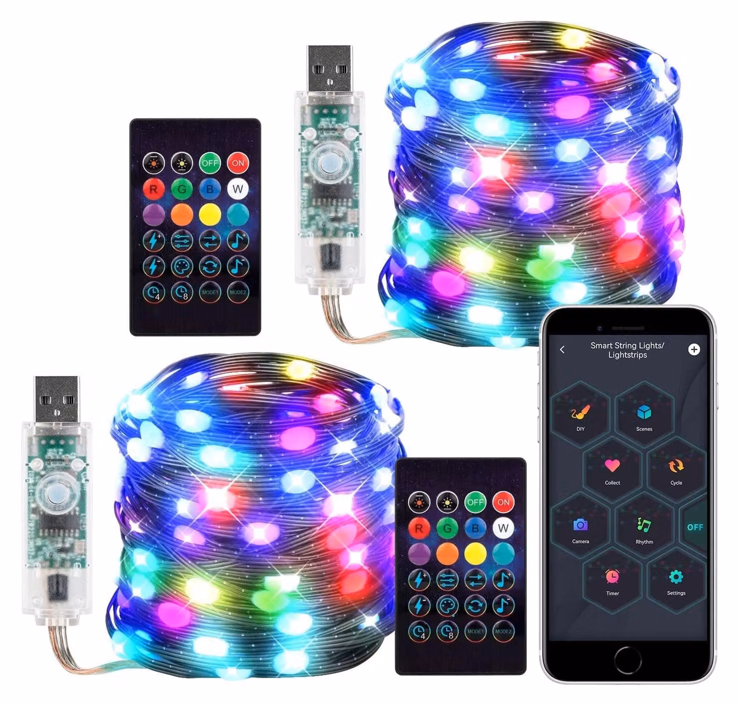 Catena luminosa a LED, 5 metri, 50 LED RGB indirizzabili, telecomando RF