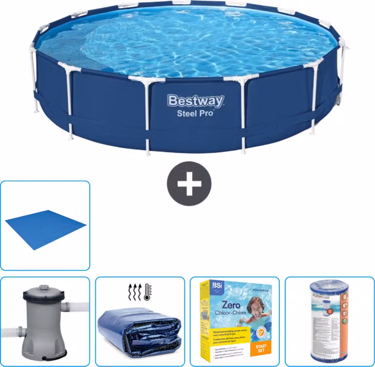 Piscina Bestway Round Steel Pro - 396 x 84 cm - blu - inclusa pompa - tenda - pacchetto manutenzione - filtro - telo di fondo