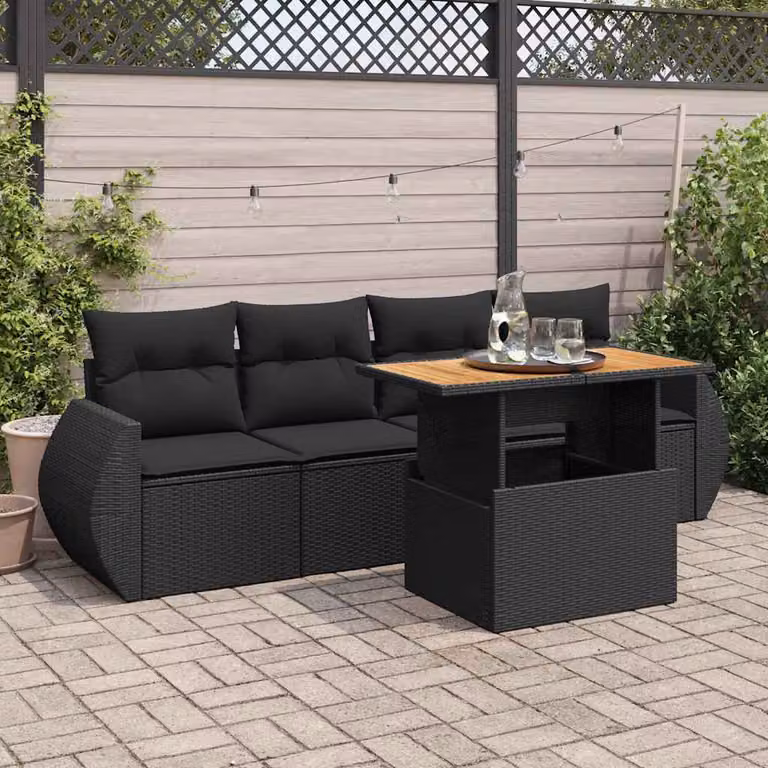 Set Divani da Giardino vidaXL 5 pz in Polyrattan e Legno di Acacia Oliato, Colore Nero