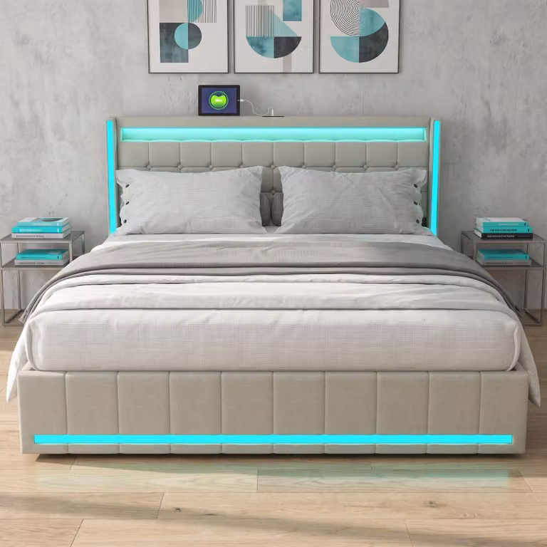 Letto matrimoniale INONEFT 140x190 cm, imbottito in lino con 4 cassetti, letto contenitore per ragazzi con rete a doghe e illuminazione LED, funzione di ricarica USB, color beige