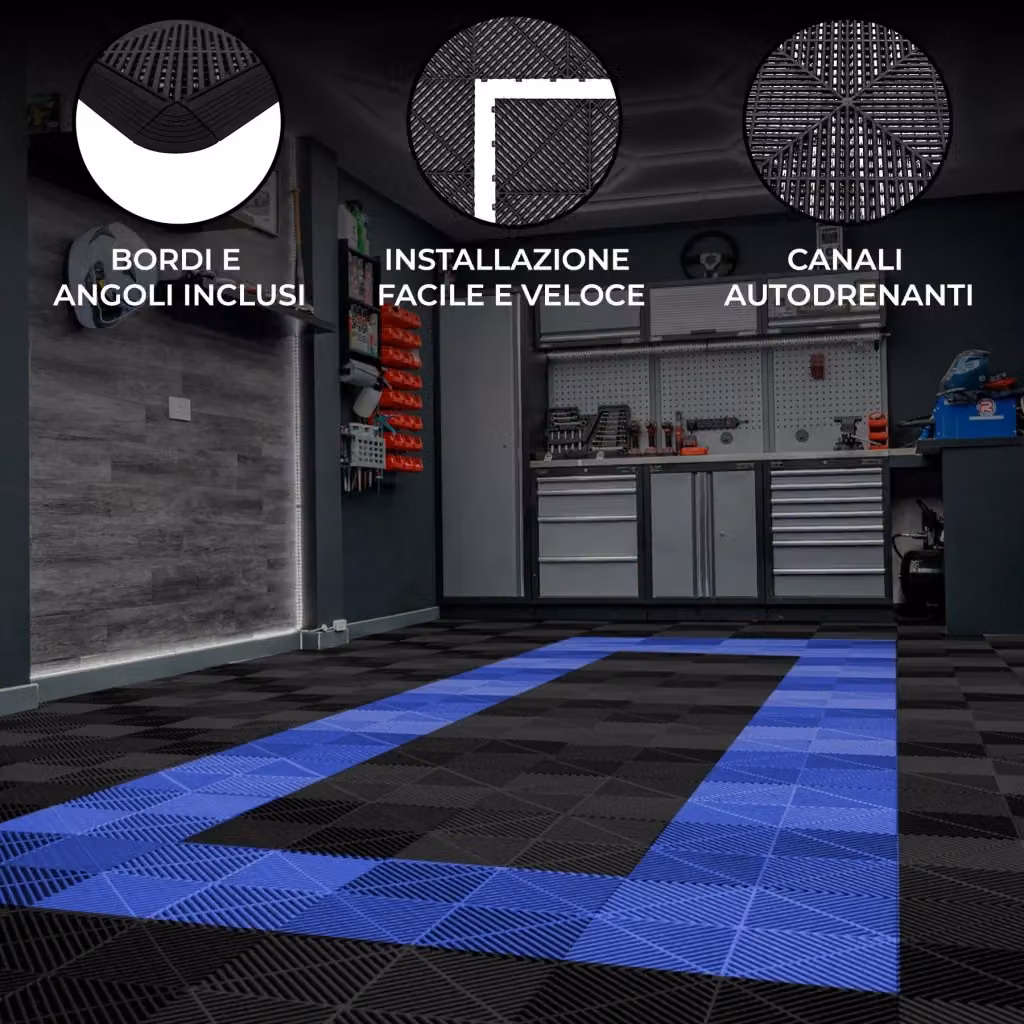 Piastrelle ventilate antiscivolo moderne Monster Shop in plastica nere e blu per garage e officine – 2