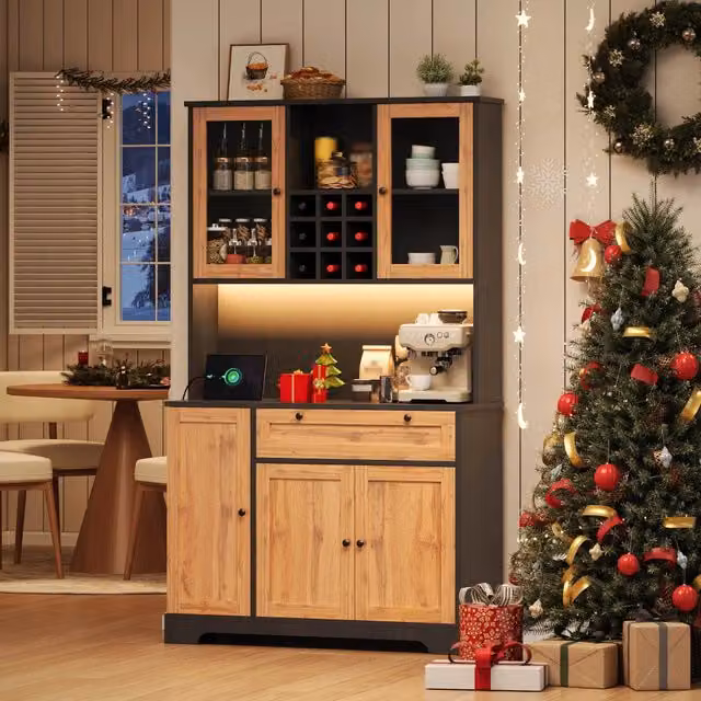 Credenza da cucina con LED e presa integrata 5 ante e cassetto moderna in MDF nero e naturale 105 × 40 × 180 cm
