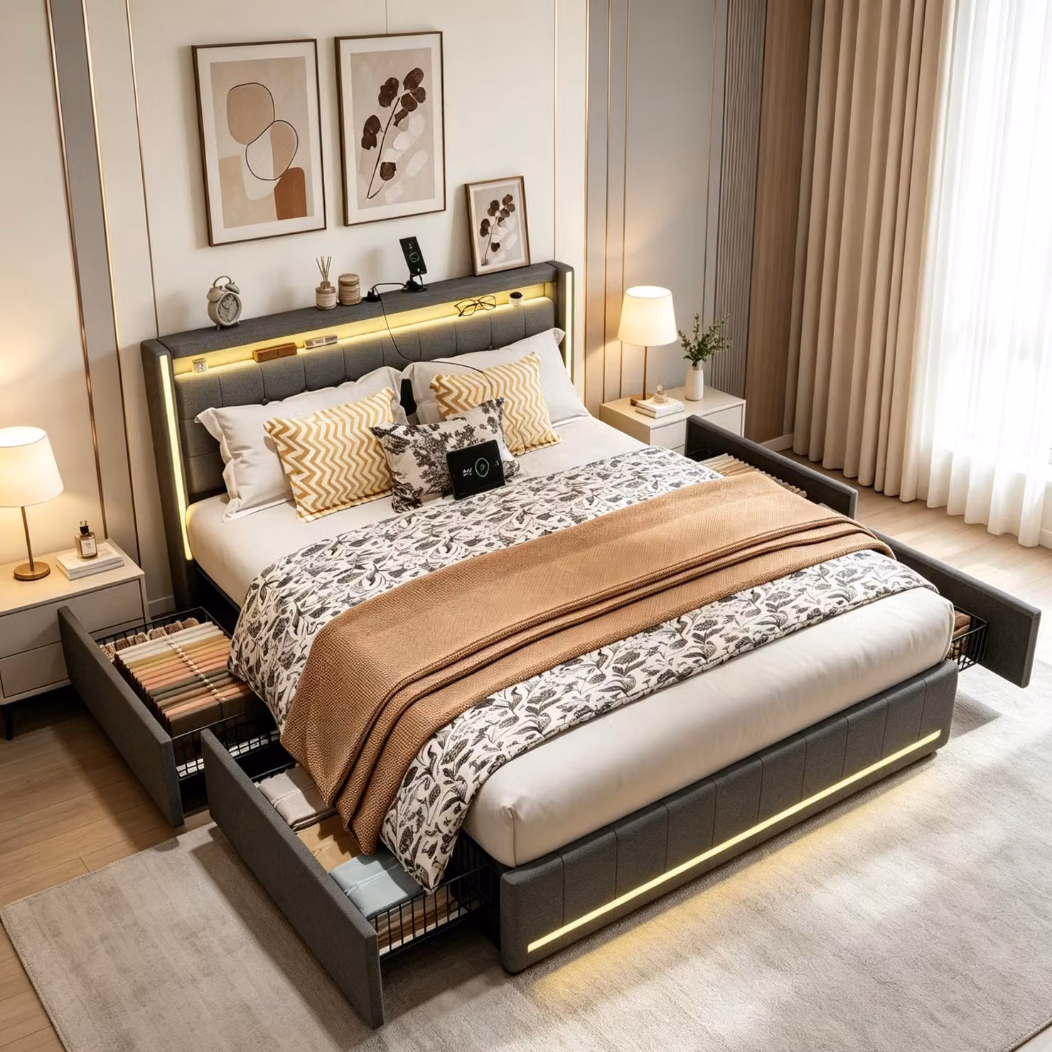 Letto imbottito INONEFT, 180x200 cm, con spazio contenitore, letto matrimoniale con USB e LED, letto per ragazzi con 4 cassetti, struttura letto con rete a doghe, tessuto in lino, colore grigio scuro