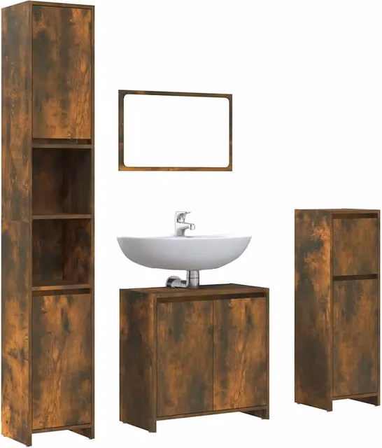 Set Mobili da Bagno Moderno 4 Pezzi in Legno Rovere Fumo Marrone con Specchio, Pensile, Colonna e Mobile Lavabo