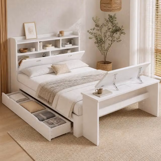 Letto ULEVR 140x200 cm con contenitore, ripiano testata e tavolo pieghevole regolabile, bianco