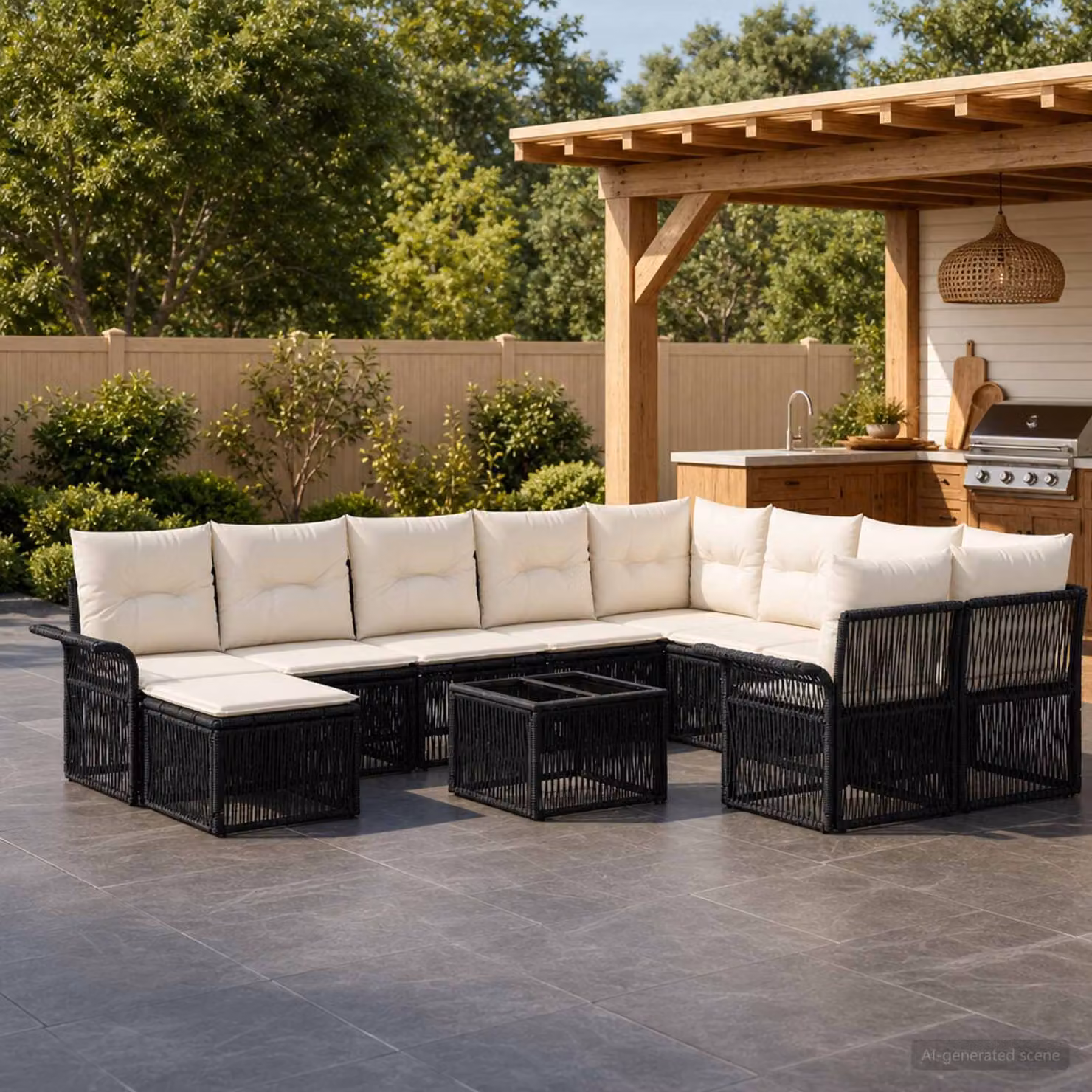 Set Divano da Giardino vidaXL 11 pz Nero con Poltrone, Elementi Angolari, Ottoman e Tavolino da Caffè in Polyrattan e Metallo con Cuscini Inclusi