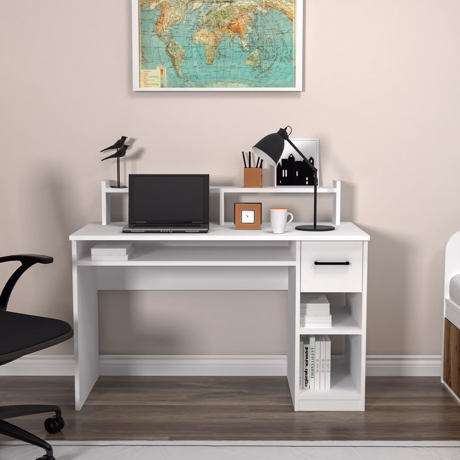 Skye Decor, Eslem - Bianco, scrivania, bianco, pannelli truciolari rivestiti al 100% in melamina, 99,3 x 120 x 55 cm