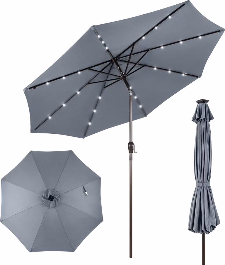 Ombrellone COSTWAY da 300 cm con 8 nervature, illuminazione solare a LED e manovella, ombrellone da giardino pieghevole a 30° su entrambi i lati, ombrellone da patio da mercato grigio