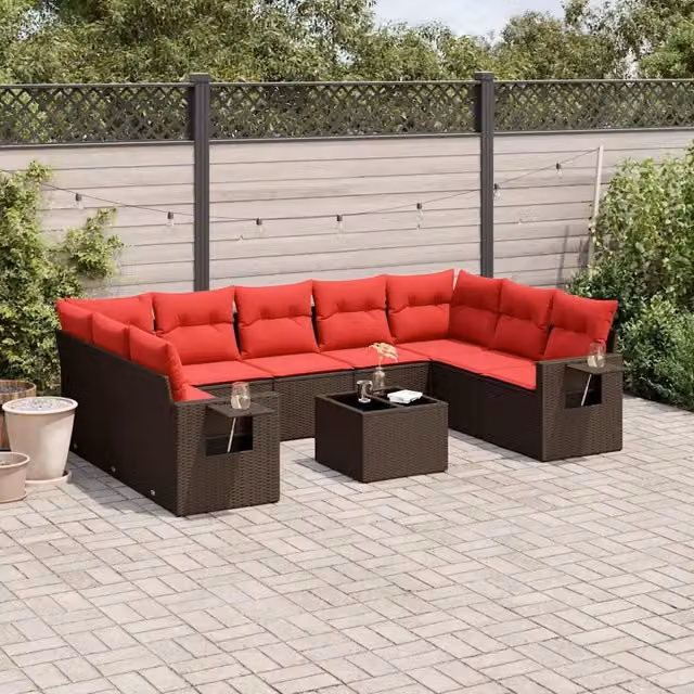 Set Divani da Giardino 10 pz con Cuscini Marrone in Polyrattan 3220613