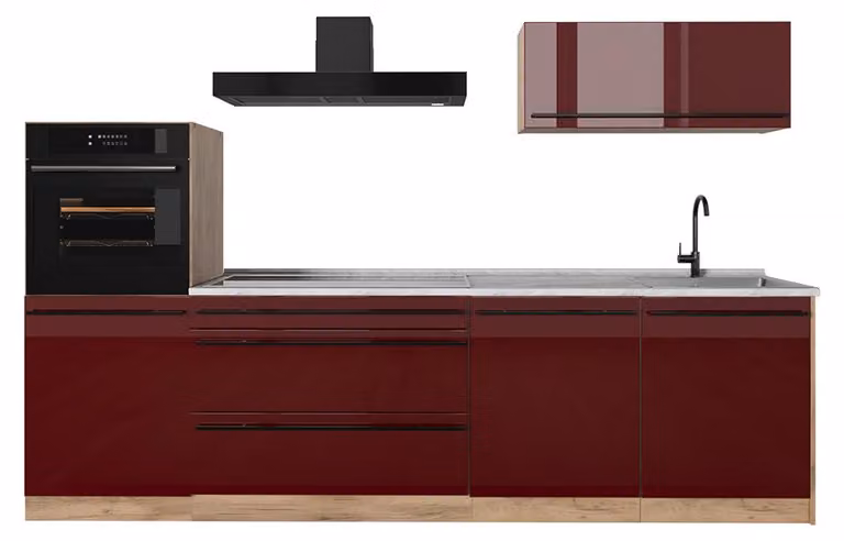 Cucina componibile Vicco R-Line Rosso lucido/Rovere dorato 280 cm piano di lavoro Marmo, Model 66487
